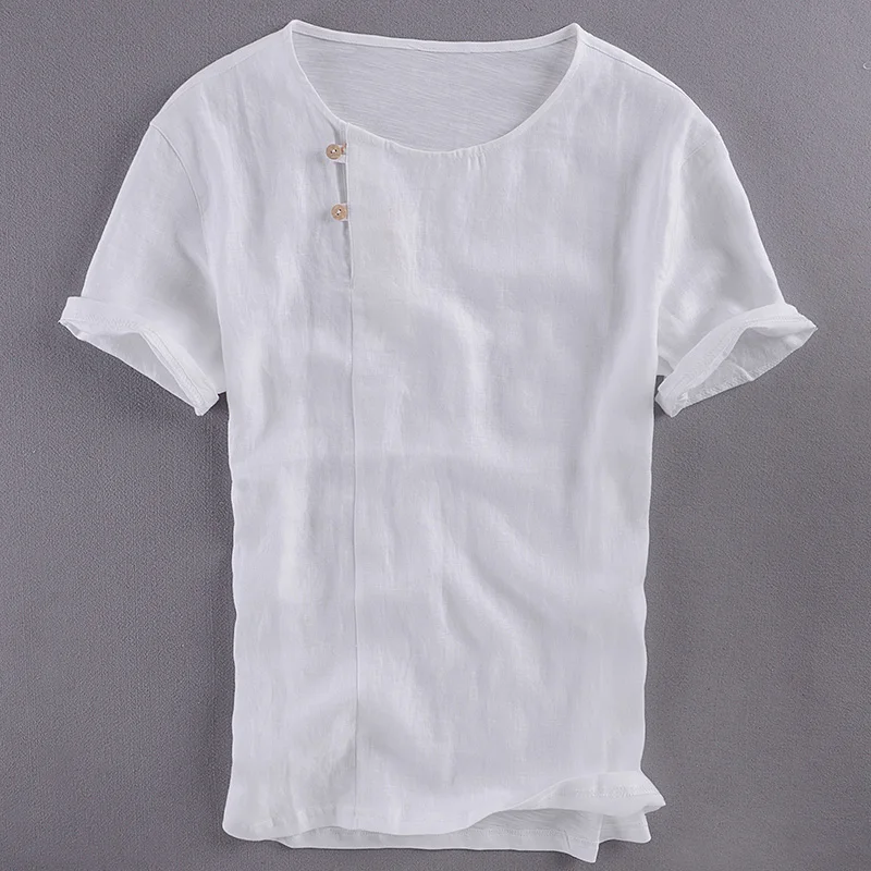 

Summer new men's linen short-sleeved t-shirt loose Chinese style O-neck t shirt men pure flax white tshirt male camisetas hombre