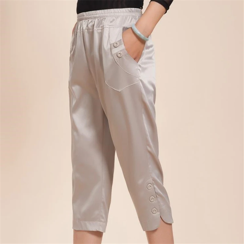 

Woman Plus Size Summer 100% Silk Harem Pants Female Oversized Thin Silk Trousers Women Breathable Soie Pantalon Lady Seda Capris
