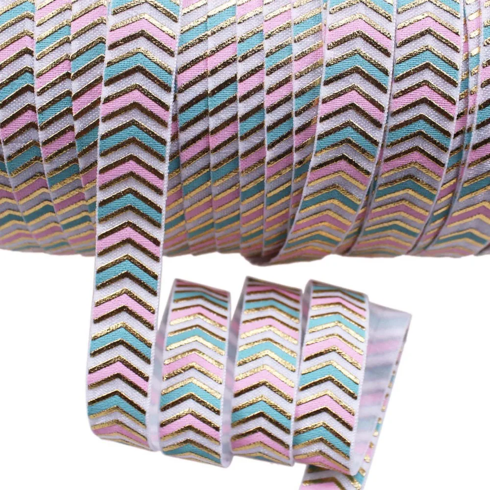 

5/8" gold foil with 2 colors ink printed chevron FOE fold over elastic