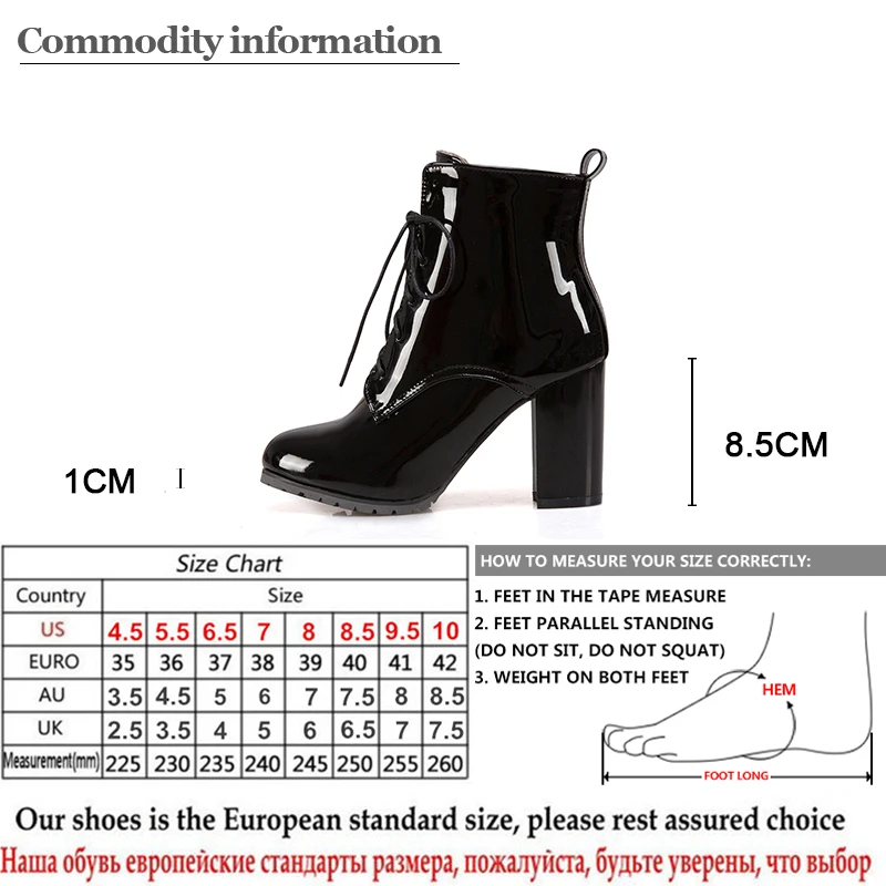 Gdgydh/большой размер 48; женские ботинки из лакированной кожи; обувь на высоком каблуке со шнуровкой; Демисезонная обувь черного цвета; женские ботильоны на молнии