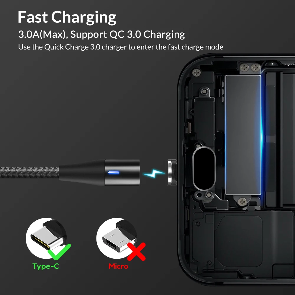 TOPK 1 м 3A Магнитный Кабель с разъемом usb c для быстрой передачи данных кабель