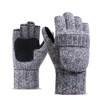 

Wool knitted gloves, half finger flip, men and women winter Han version, wool velvet thickening leather warmth outdoor riding.