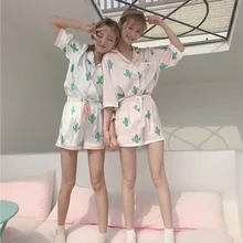 Летняя женская пижама с цветочным принтом, костюм с передним карманом и коротким рукавом, однобортный пижамный комплект, шорты, домашний набор пижам