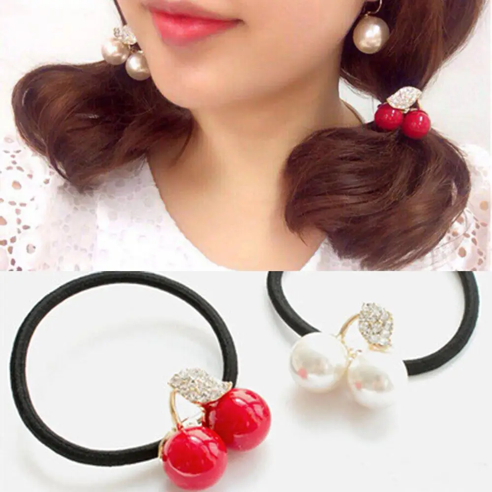 

1pc Red White Simulated Pearl Crystal Cherry Leaf Elastic Rubber Hair Headbands Girls Hair Accessories for Women Headwear