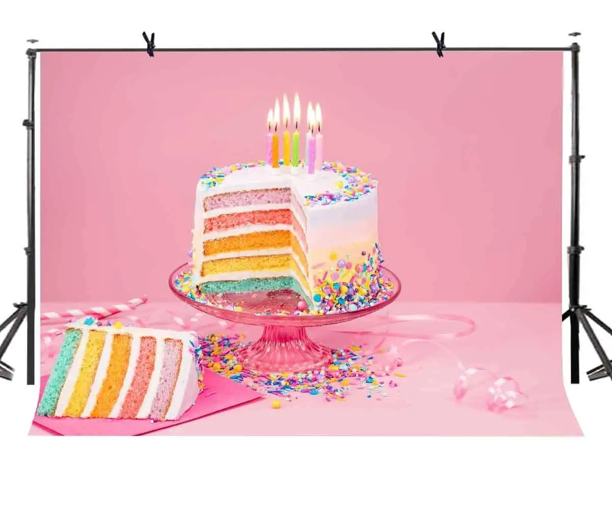 

7x5ft Birthday Cake Backdrop Pink Warm Colorful Birthday Cake Photography Background and Studio Photography Backdrop Props