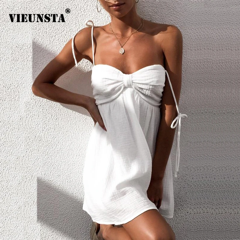 

VIEUNSTA Women Off Shoulder Backless Beach Dress Summer Spaghetti Strap Dress Elegant Sleeveless Bow Mini A-Line Dresses Vestido