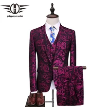 Plyesxale, цветочный костюм для мужчин,, фиолетовая Роза, цветочный узор, свадебные костюмы для мужчин, 4XL 5XL, облегающие мужские вечерние костюмы на выпускной, Q357