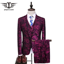 Fire Kirin Floral Suit Men 2017 Purple Rose Flower Pattern Wedding Suits For Men 4XL 5XL Slim Fit Mens Party Prom Suits Q357