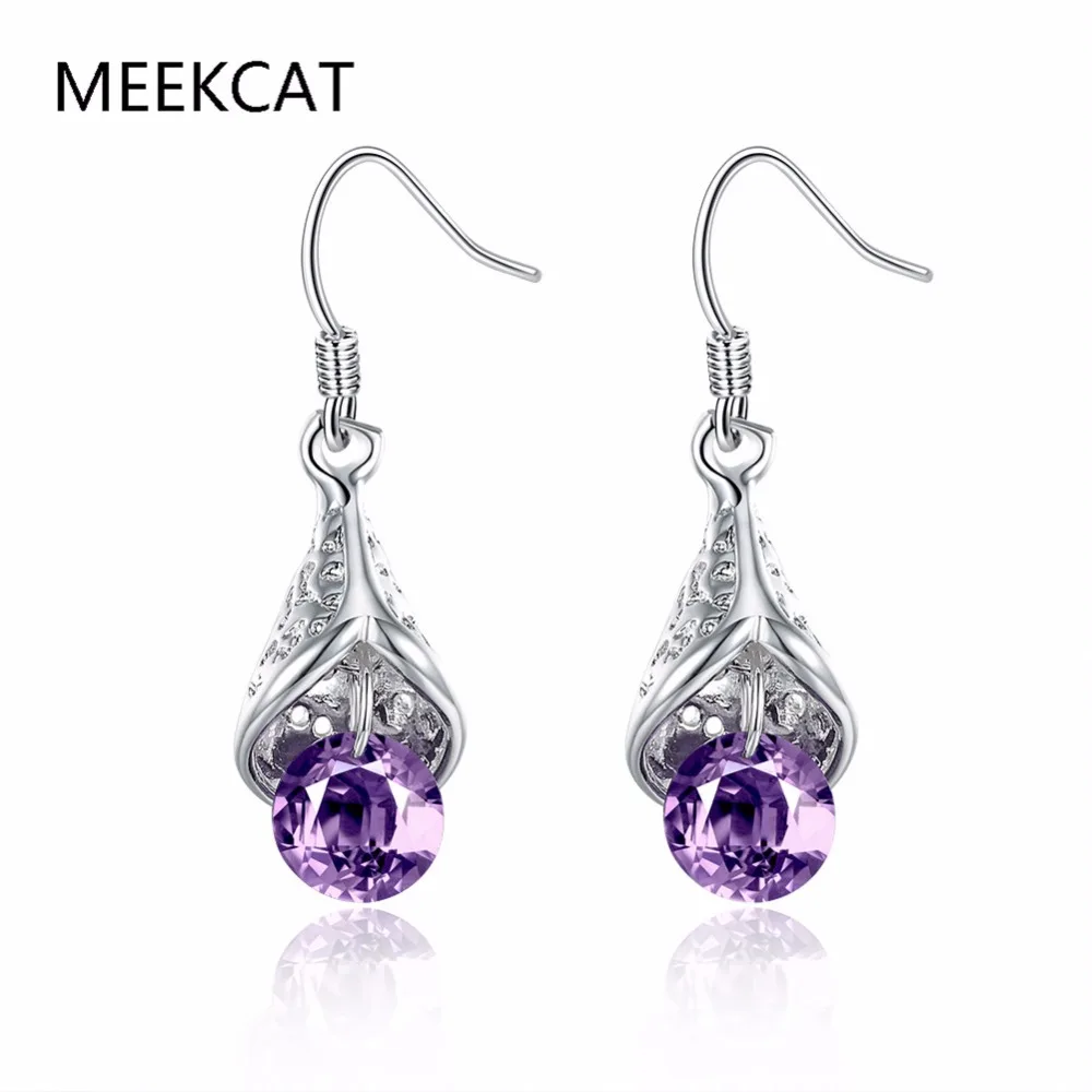 

Lovely Long Purple Crystal Drop Earrings For Women Silver plated ice-cream cone Shape Earings Fashion Bohemian Wedding Earring