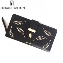 Herald Fashion Women Leather Wallet Hollow Out Card Purse Coin Holder Money Clip Long Phone Clutch Quality Photo Cash Pocket