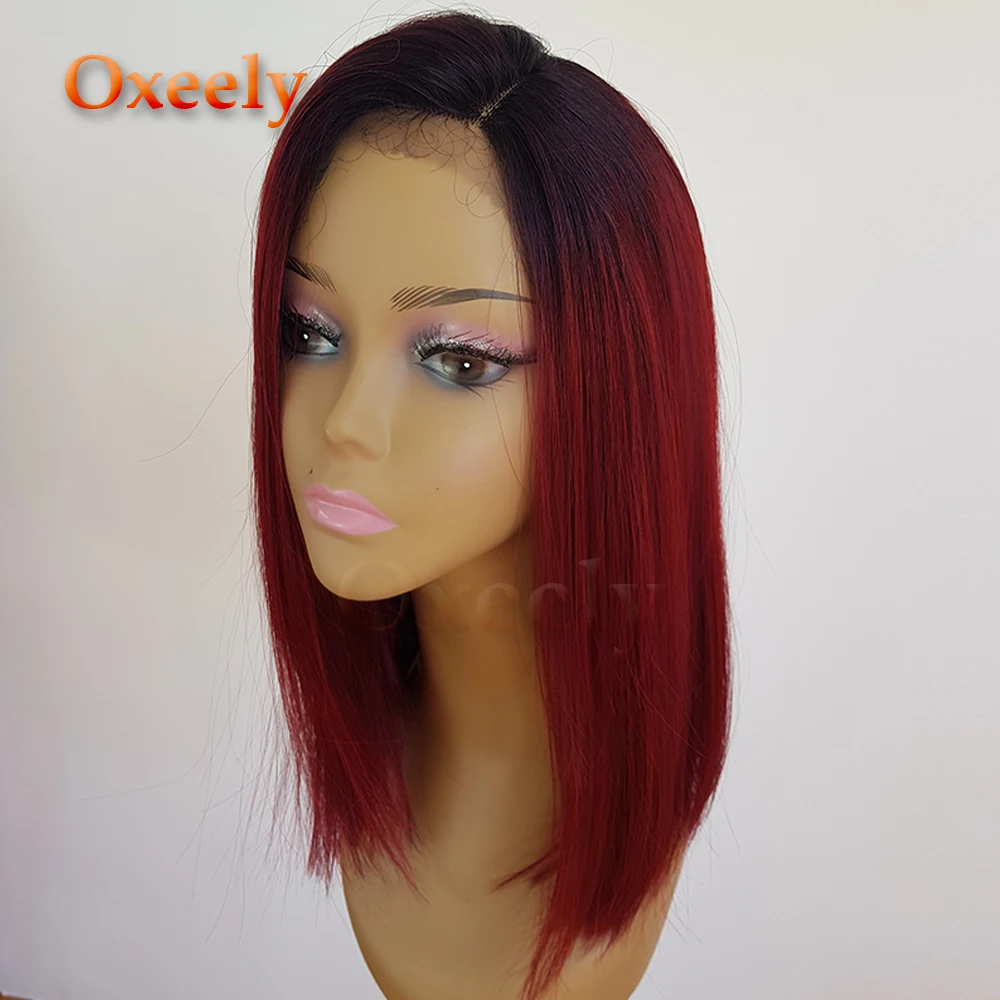 Oxeely Ombre Бург короткие волосы синтетические волосы на кружеве боб парик для женщин бесклеевой красный Win короткие волосы Боб Стиль волосы натуральные Детские волосы