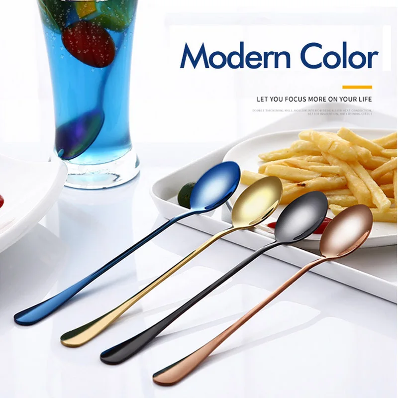 

Stainless Steel Colorful Spoon With Long Handle Flatware Coffee Drinking Tools Ice Tea Spoon Round Oval Spoon Kitchen Gadget