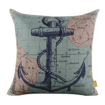 

LINKWELL 18x18" Retro Blue World Map with Big Anchor Burlap Cushion Cover Pillowcase for Sea Marine Nautical Coastal Room Decor