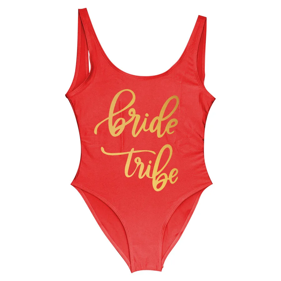 Надпись «Bride Tribe» принт Одна деталь купальника для Для женщин купальный костюм женский подкладка бикини Свадебная вечеринка, открытая спина, Одежда для пляжа, бикини - Цвет: red bride tribe