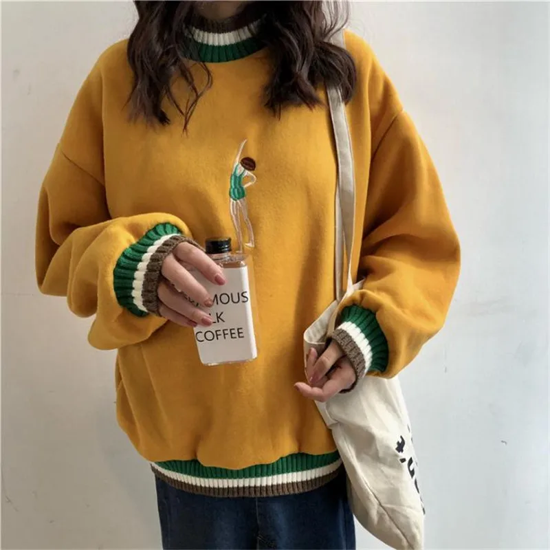 

2019 Spring New Korea top Women pullover hit color round neck loose Kawaii figure Embroidery Harajuku bts Sweatshirt 3 color