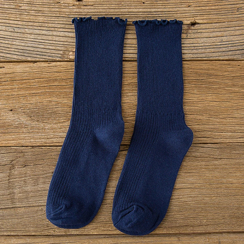 navy blue Носки принцессы для девочек с оборками; однотонные хлопковые кружевные женские носки с оборками; милые носки на весну, лето, Осень - Цвет: navy blue