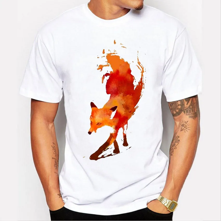 Cena Tshirt mężczyźni 2016 nowy kreatywny malowane Fox koszulka z krótkim rękawem odzież marki topy Hipster moda O neck T Shirt mężczyźni