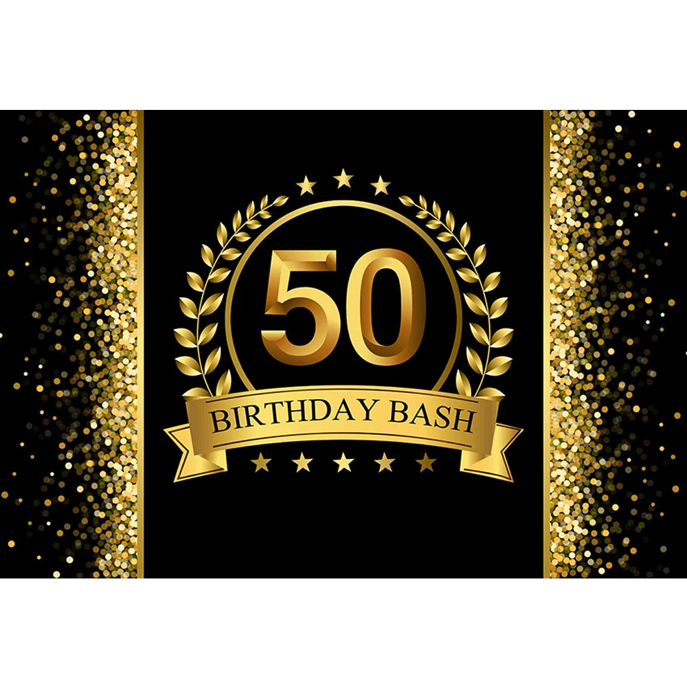 Customized 50th Birthday Bash Backdrop Black Printed Gold Ribbon Stars Bokeh Polka Dots Party Theme Photo Booth Background Vinyl |