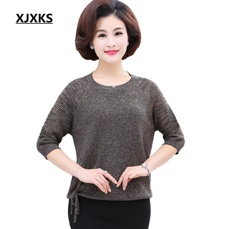 

XJXKS 2018 spring and autumn high-end wool fabric loose large size round neck Half sleeve women's thin sweaters and pullovers