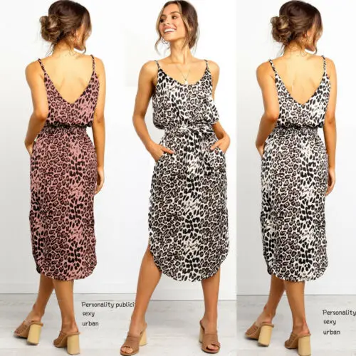 

2019 Women Boho Leopard Midi Dress Cocktail Party Holiday Summer Beach Sundress