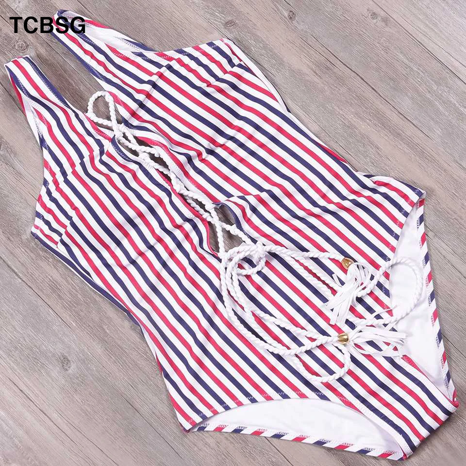 TCBSG 2019 цельный купальник в полоску сексуальный женский с лямкой на шее бандаж