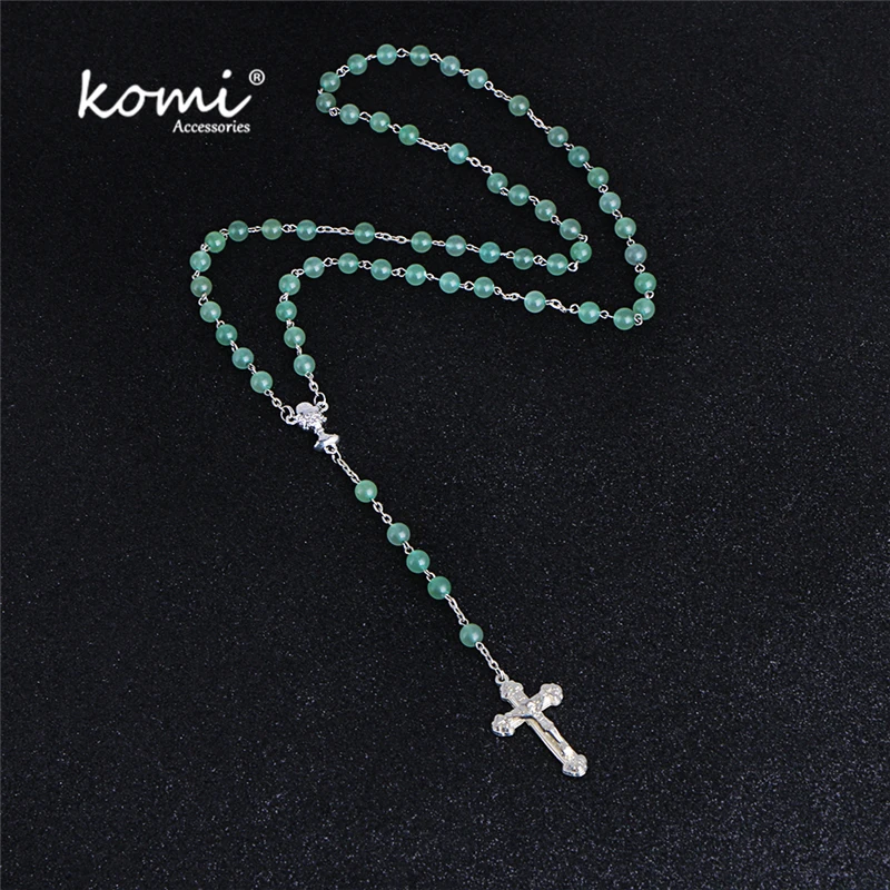 

Komi 2018 New Stone Beads Silver Cross Pendant Necklace Women Men Catholic Christ Religious Jesus Rosary Jewelry Gift R-006