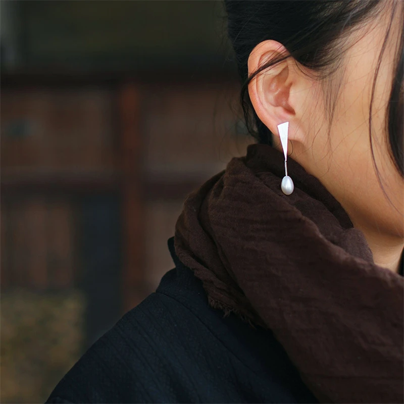 Lotus Fun Real 925 Sterling Silver Natural Pearl Original Handmade Fine Jewelry Triangle Water Drop Dangle Earrings for Women - Image 5