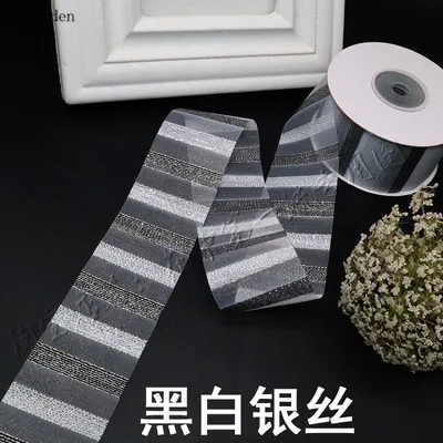 Kewgarden Wholesale Rainbow Stripe Lace Snow Gauze Ribbons 38mm 1.5" Gold Sliver Line Handmade Tape DIY Bowknot Accessories 25Y - Цвет: black white sliver