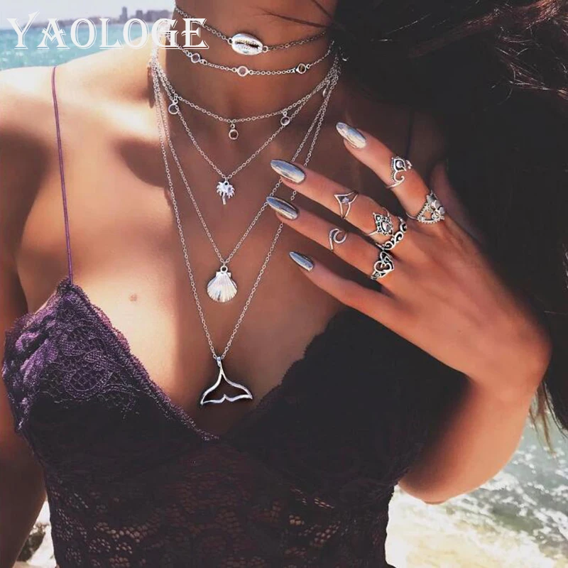 

YAOLOGE Hot Sale Coconut Tree Dolphin Tail Marine Style Necklace Shell Clavicle Chain Bohemian Vintage Statement For Women New