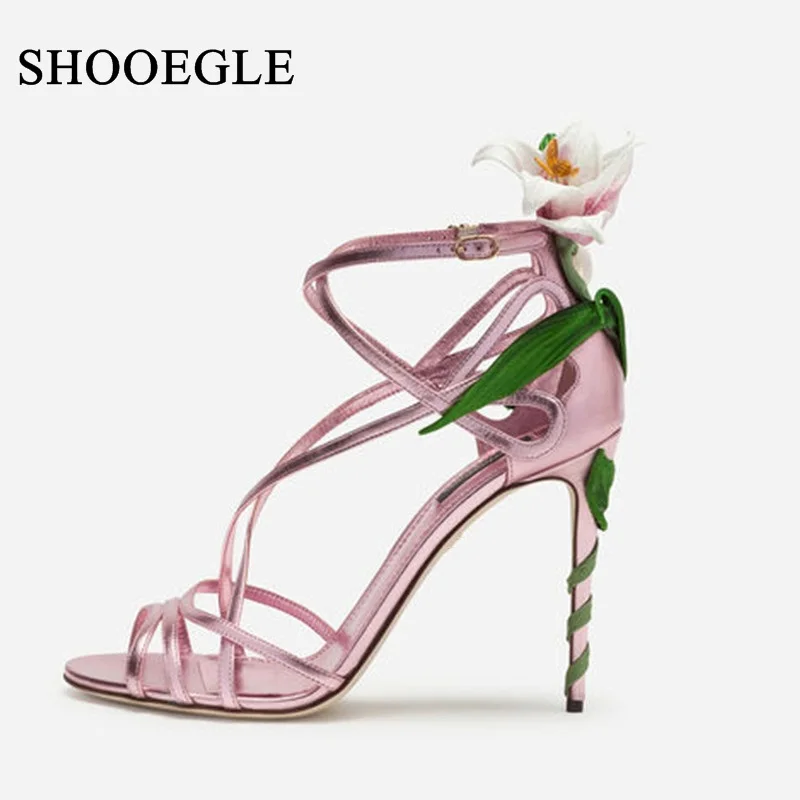 

Exquisite Flower Embroidery Sandals Women Party Wedding Shoes Pink Ankle Strap High Heel Bandage Sandals Lady Stain Summer Shoes