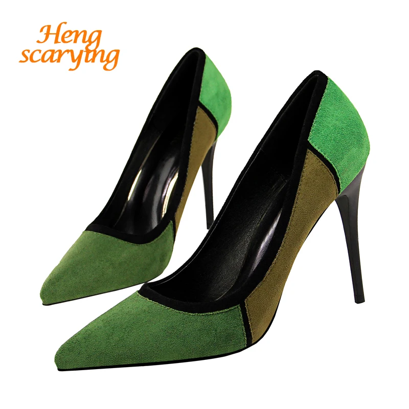 

2019 Size 40 New Women Elegant Luxury 10cm High Heels Pumps Lady Pointed Toe Green Scarpins Thin Heels Female Green Blue Shoes