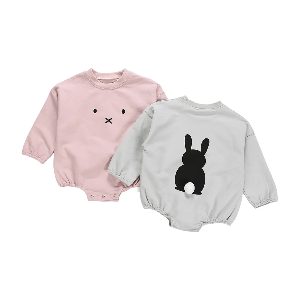 

Infant Girl Lovely Rabbit Triangle Rompers with Pompon Tail Full Sleeved Pure Cotton Plain Color Cute Bebe Jumpsuits Kids Roupas