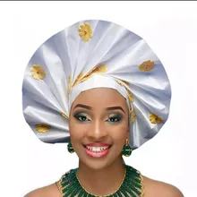 Последняя конструкция сплошной цвет повязка на голову в африканском стиле с цветочной аппликацией, головной убор, Sego Gele& Ipele, головной убор P367 белый