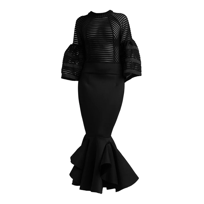 Плюс размер XL женское летнее платье Русалка до середины икры с расклешенными рукавами и стоячим воротником на молнии Falbala прозрачное лоскутное женское платье - Цвет: Black