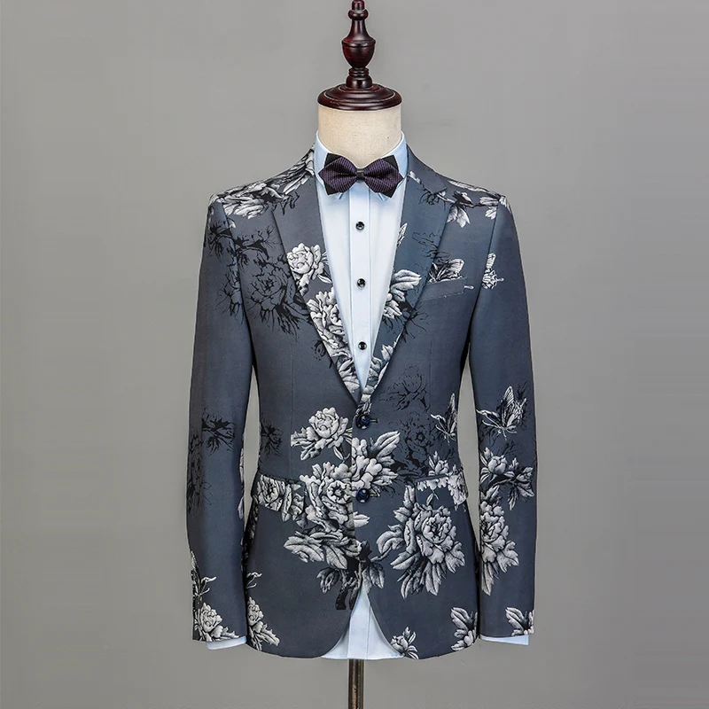 New Fashion Brand Printing Men Suit Blazers Slim Fit Wedding Groom