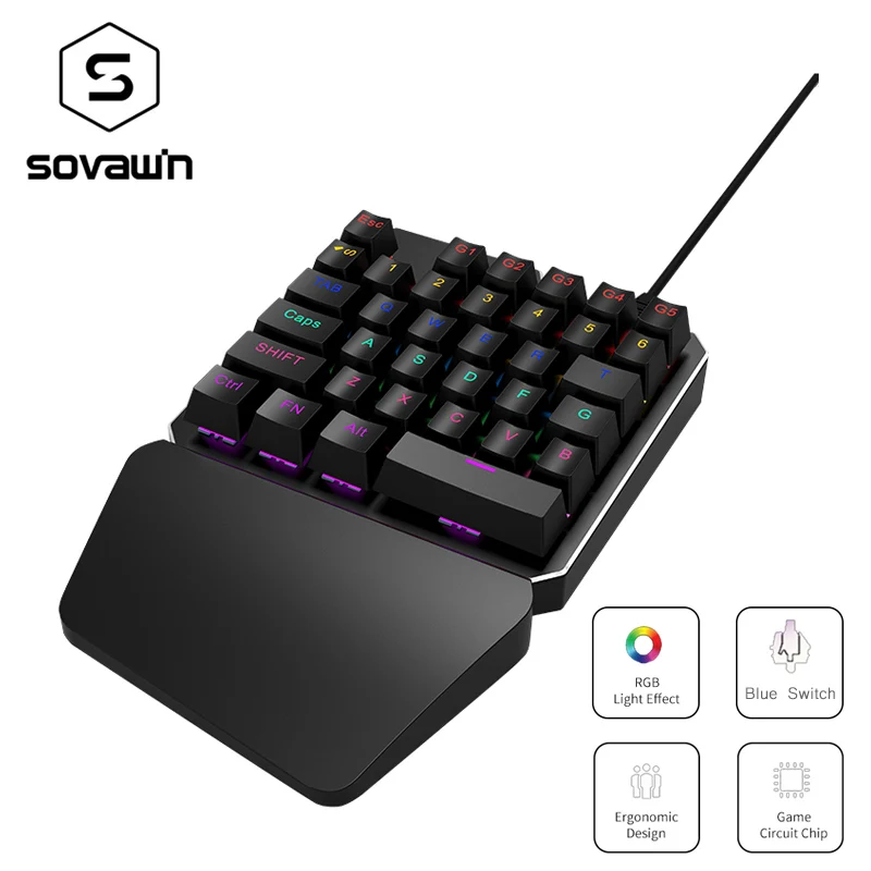 

Gaming Mechanical Keyboard USB Wired Single Hand 7 Colors LED Backlit Mini Keyboard RGB Blue Switches Ergonomic Wrist For PC