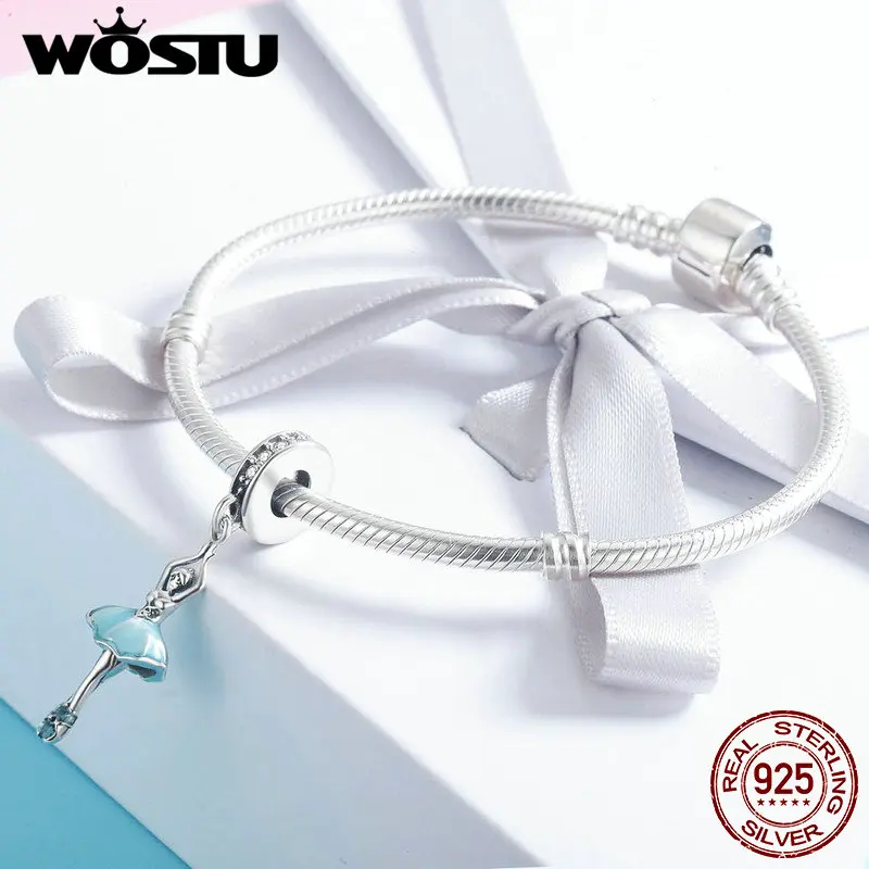 WOSTU Original Design 925 Sterling Silver Blue Enamel Dancer Ballet Girl Pendant fit for Charm Bracelet Women Mother Gift BKC514