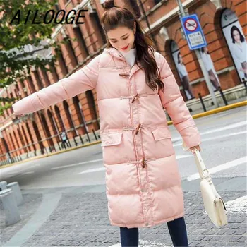 

AILOOGE 2018 New Arrival Winter Coat Women Padded Cotton Overcoat Fashion Horn Buckle Hooded Warm long Outwear Jackets Coat