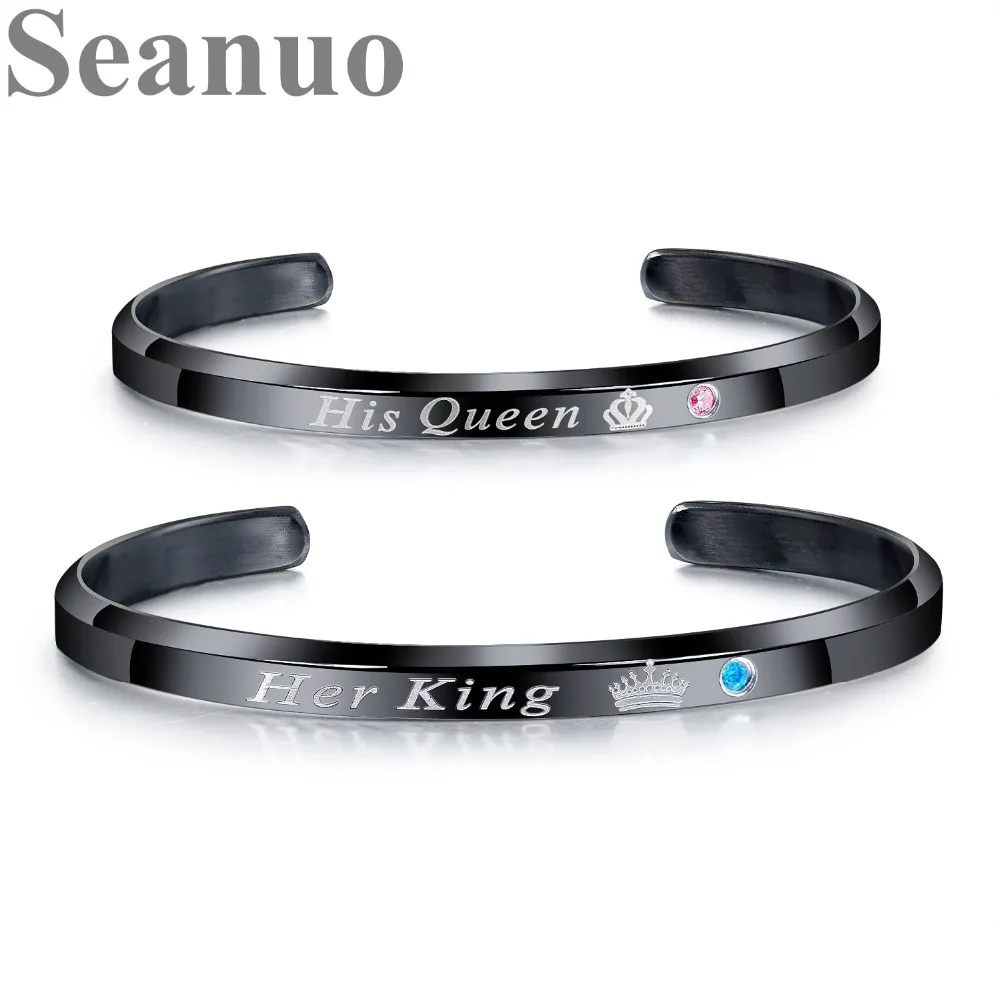 Seanuo ее King/его queen Бесконечная любовь пара из нержавеющей стали браслет мода любовника CZ короны с открытым свадебные браслеты