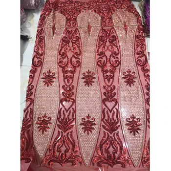 

2018 New Designs High quality African Sequins Lace Fabric Red French Sequins Lace Tulle Fabric For Nigeria Dress HJ1510-1