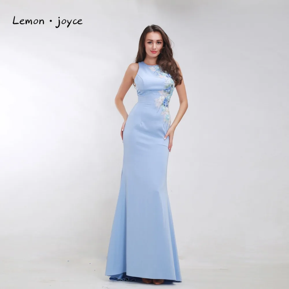 

Formal Sky Blue Evening Dresses for Women 2019 O-neck Appliques with Stone Simple Elegant Floor Length Maxi Long Prom Gown