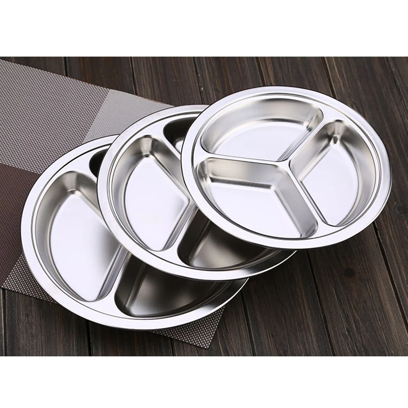 JX-LCLYL 22/24/26cm Dia 3 Sections Round Divided Dish Snack Dinner Plate Stainless Steel