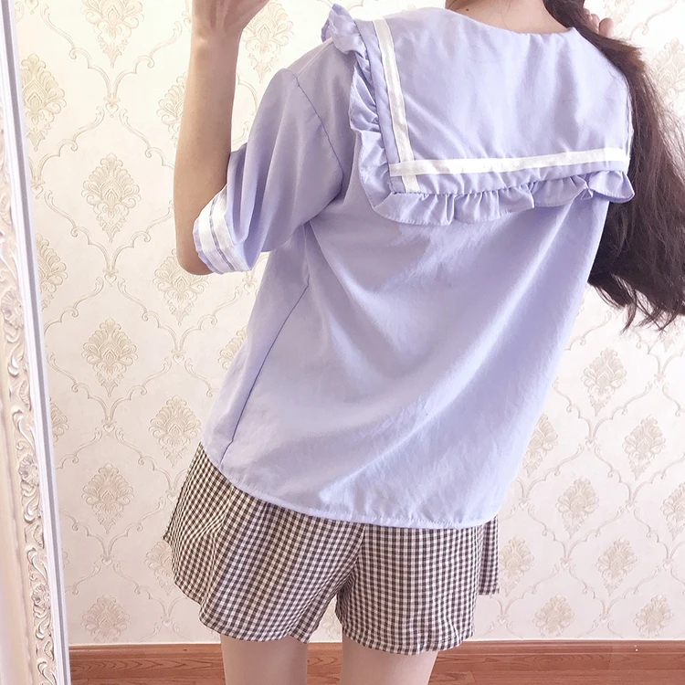 Kawaii/Милая рубашка Лолиты для девочек, Студенческая рубашка с темно-синим воротником, Свободный Топ в готическом стиле лоли для костюмированной вечеринки