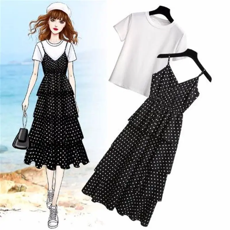 

New Summer Women Sweet Suits Girls Solid Shirts + Polka Dot Chiffon Sling Long Dress Sets Female Slim Two Piece Set Clothing F03