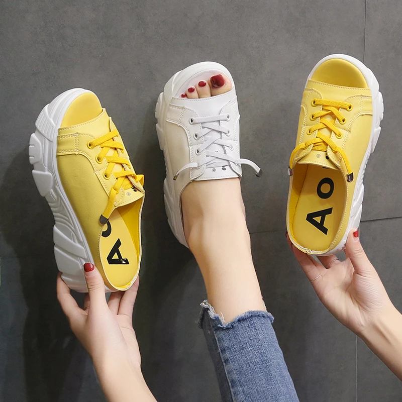 

Yellow White Summer Platform Slippers Women 2019 Casual Lace-up Open Toe Wedges Slippers Shoes High Platform Sandals Women