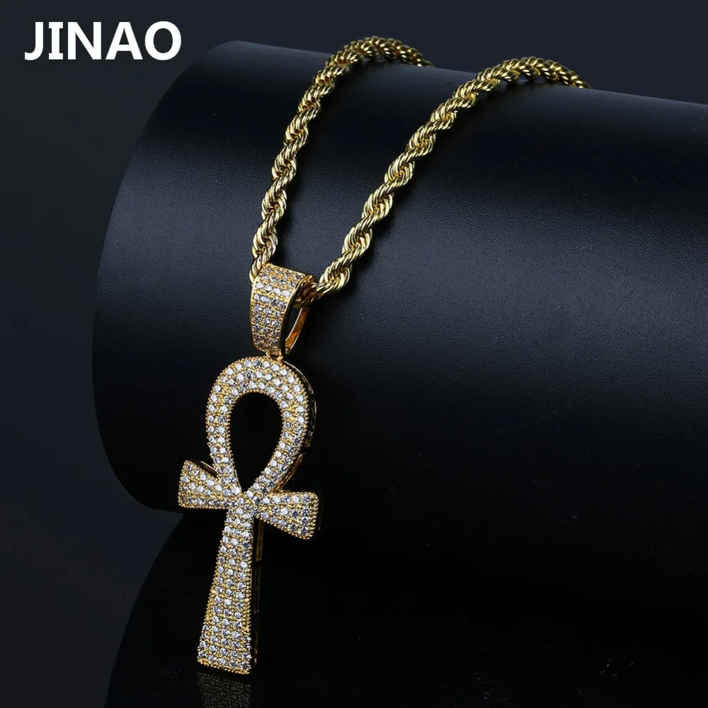 

JINAO Hip Hop Silver/Gold Color Jesus Egyptian Ankh Key Cross Pendant Necklaces Cubic Zirconia Long Chains for Male and Women