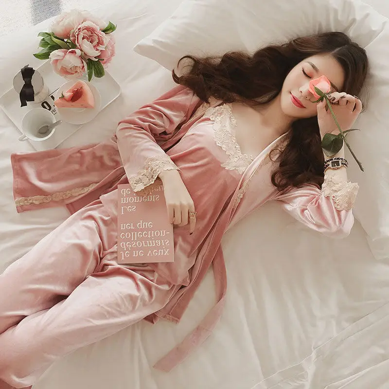 3 шт., Женская атласная пижама, Пижама, Сексуальная кружевная Пижама, домашняя одежда для сна, для отдыха, пижама на бретелях, ночное белье, длинный халат, Пижамный костюм - Цвет: Розовый