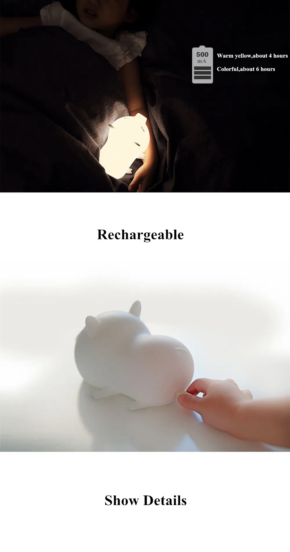 SuperNight Cute Pig LED Night Light Rechargeable Colorful Silicone Animal Touch Sensor Table Lamp Baby Kids Bedroom Bedside Lamp (15)