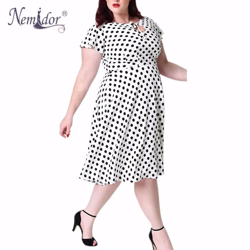 Unique_Vintage_Plus_Size_1940s_Style_White_Black_Dot_Formosa_Swing_Dress_1