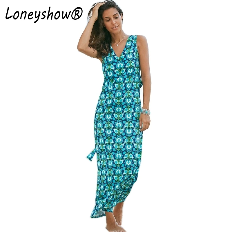 

Loneyshow 2018 New Bohomian Print Maxi Dresses Women Sleeveless V Neck Sexy Summer Beach Loose Party Maxi Long Dresses Vestidos